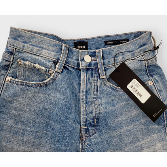 NWT EDWIN Women's Cai High-Rise Cut-Off Shorts, Size 24, Medium Wash Vintage USA - Picture 3 of 8